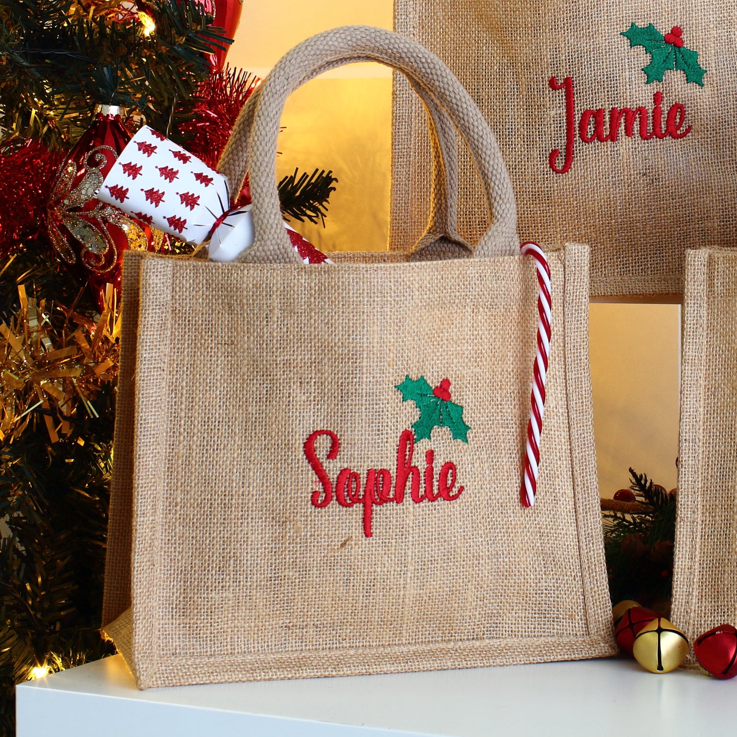 Embroidered Gift Bags - Holly & Ivy