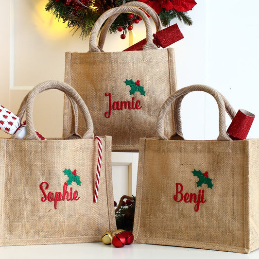 Embroidered Gift Bags - Holly & Ivy