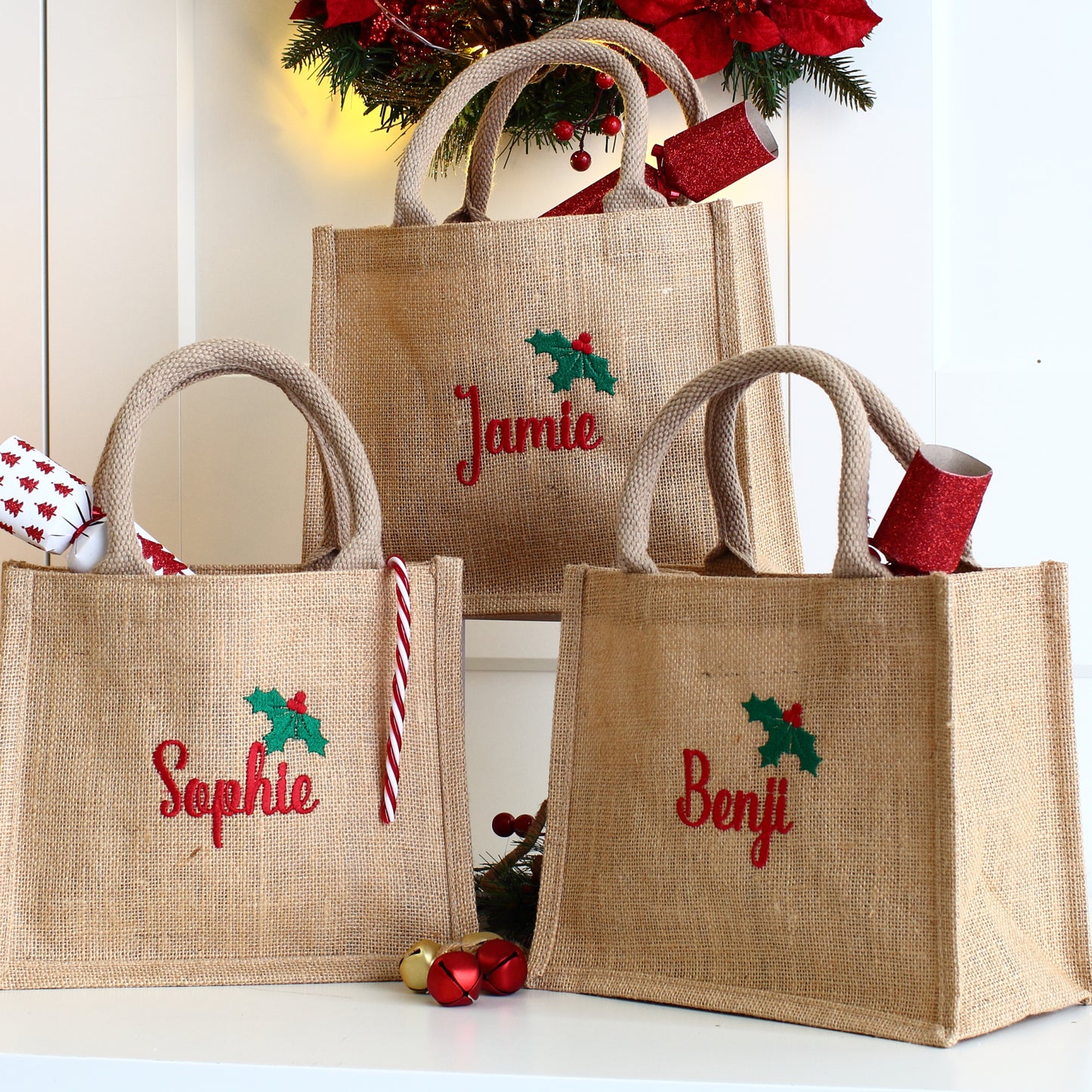 Embroidered Gift Bags - Holly & Ivy