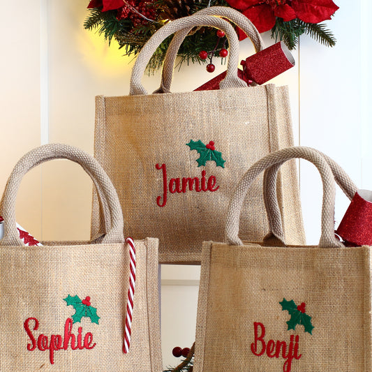 Embroidered Gift Bags - Holly & Ivy