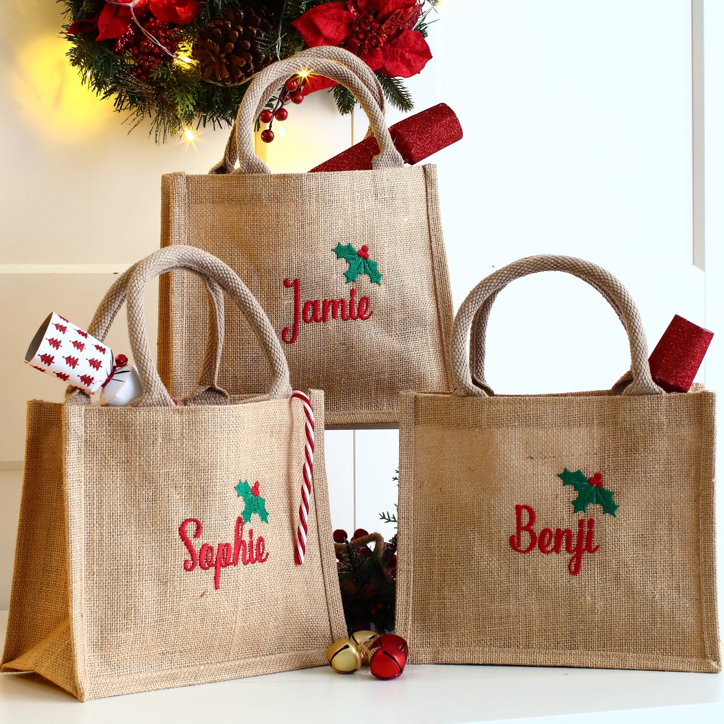 Embroidered Gift Bags - Holly & Ivy