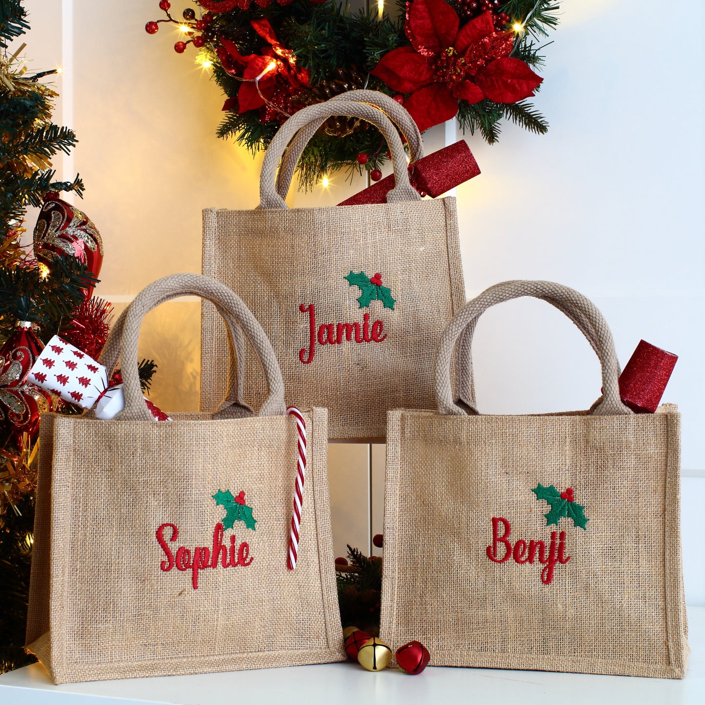 Embroidered Gift Bags - Holly & Ivy