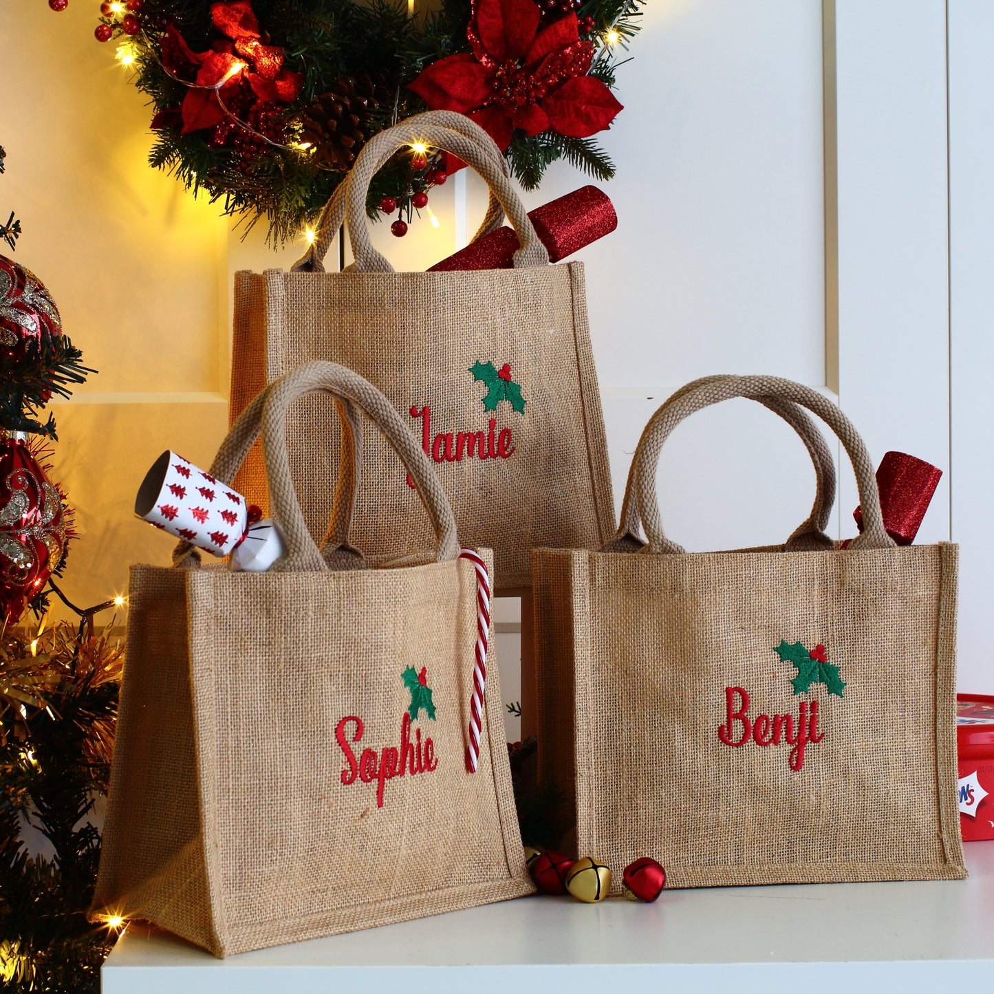 Embroidered Gift Bags - Holly & Ivy