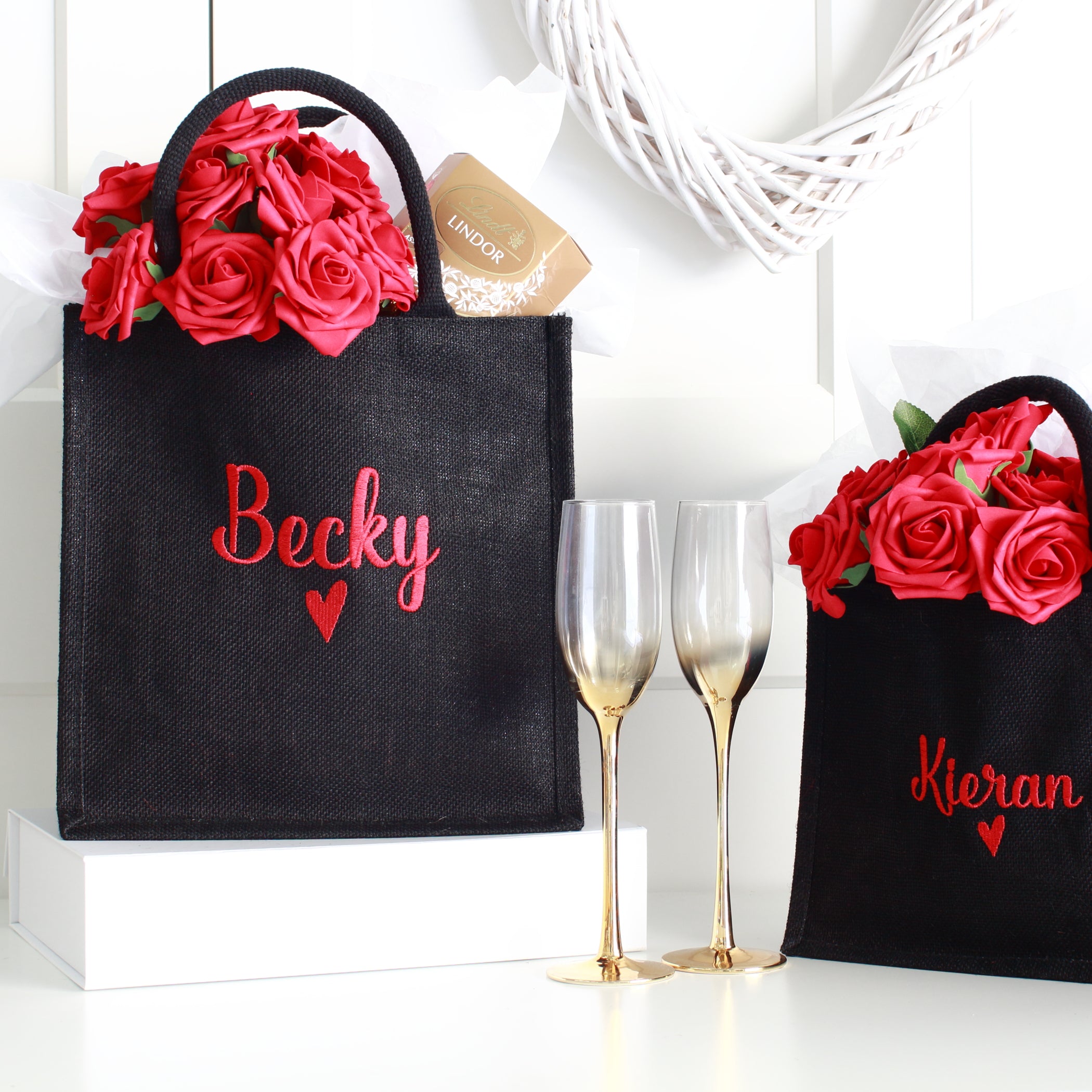Embroidered Gift Bags Valentine Black creativeblossomltd