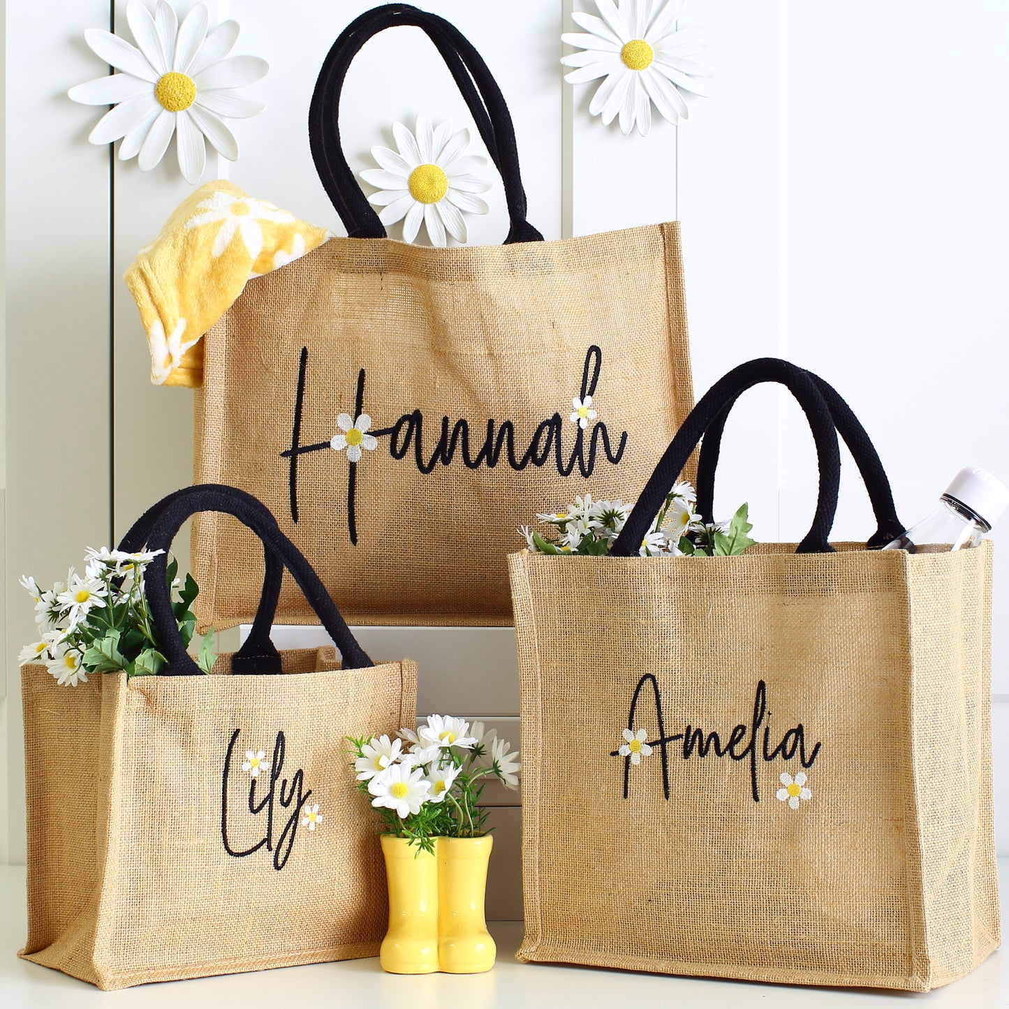 Embroidered Daisy Tote Bags - 3 sizes