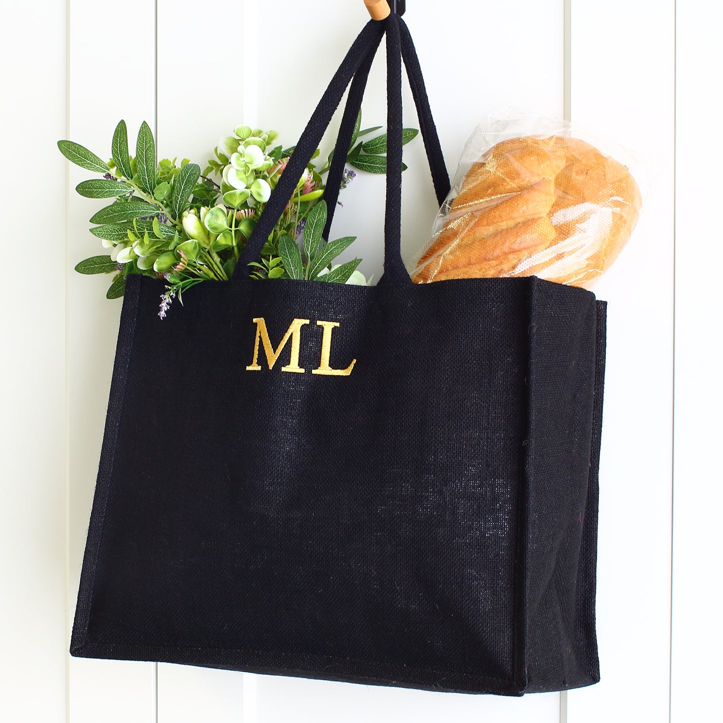 Embroidered Black Shopping Bag