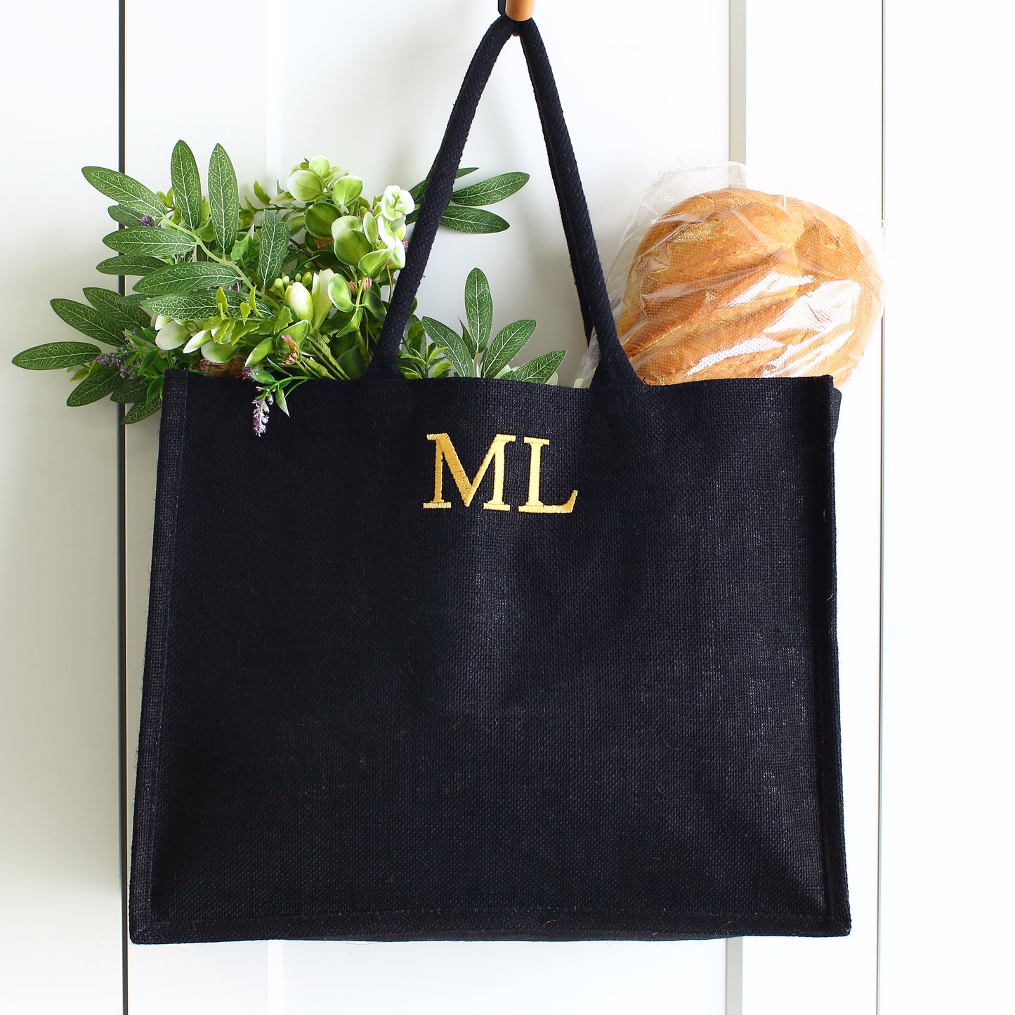 Embroidered Black Shopping Bag