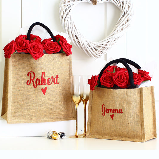 NEW - Embroidered Gift Bags - Valentine Natural/blk