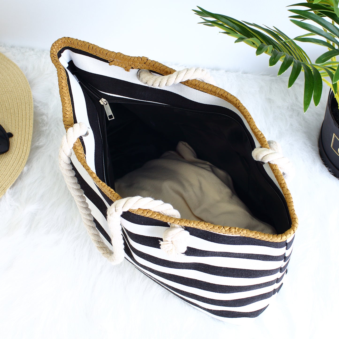 Luxury striped Beach Bag - Black stripe